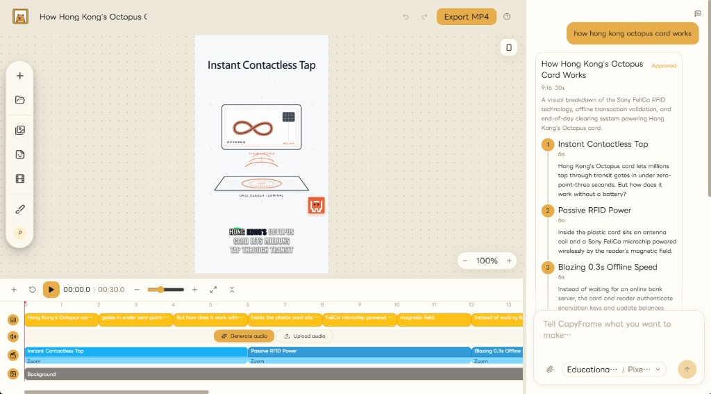 CapyFrame workspace showing a generated vertical video